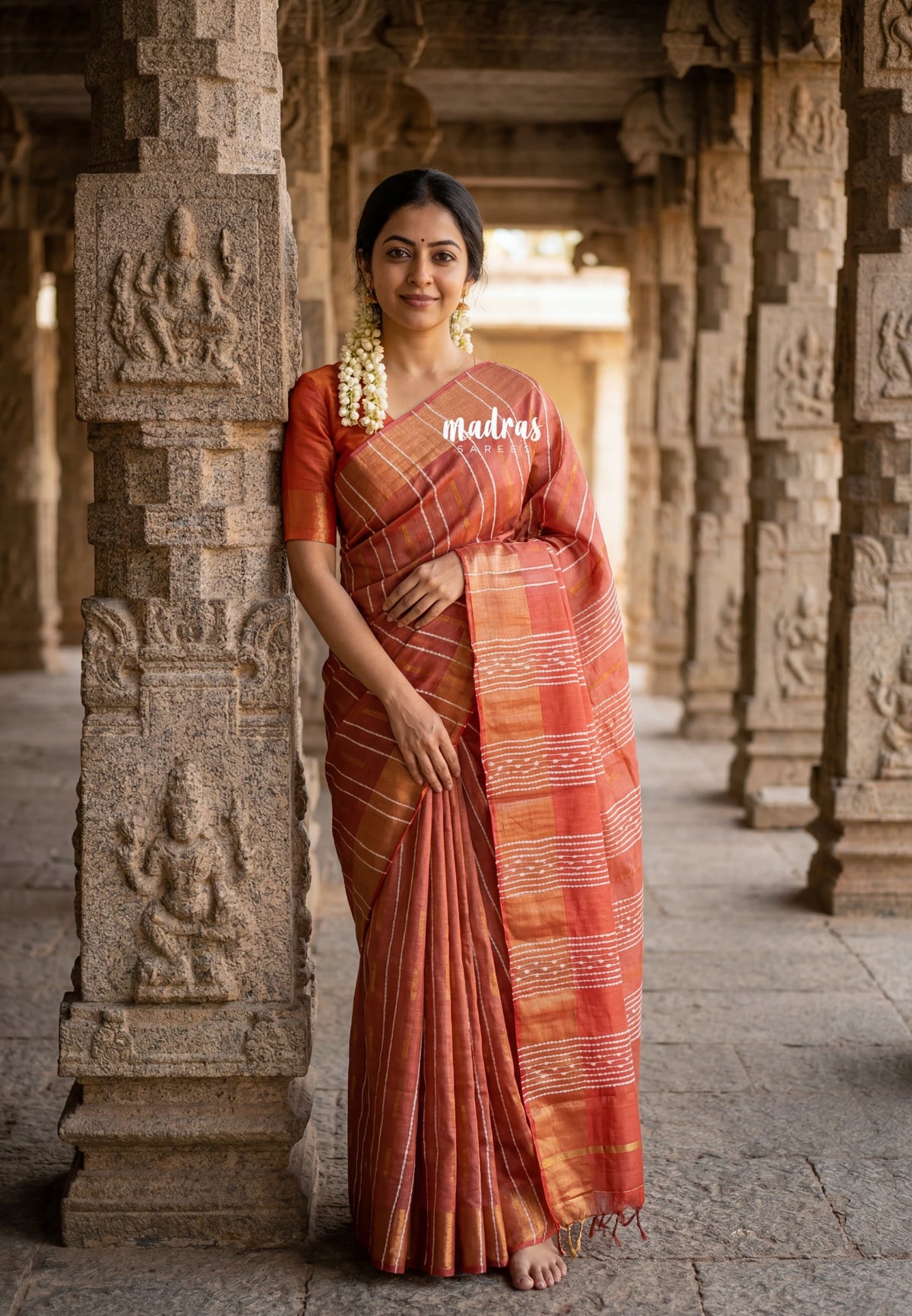 Rust Reverie - Khadi silk stripes thread weaving body with contrast pallu and blouse