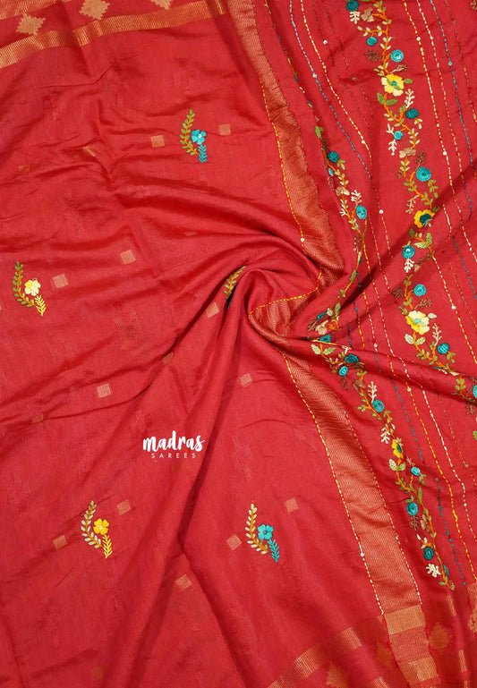 Red - Khadi silk - Lucknow hand embroidery work