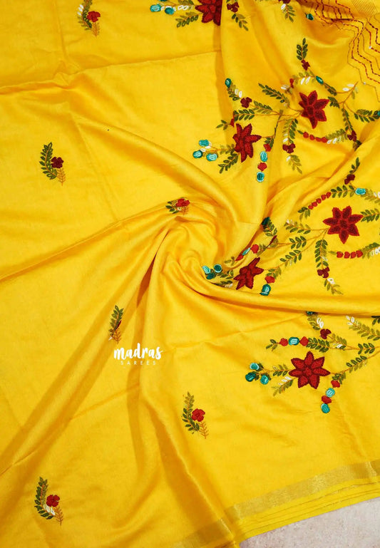 Mango Yellow - Khadi silk - Lucknow hand embroidery work