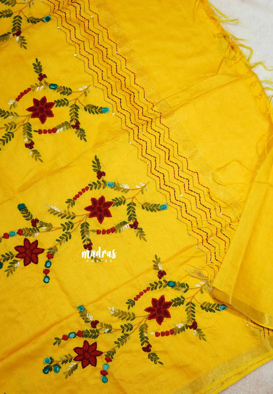 Mango Yellow - Khadi silk - Lucknow hand embroidery work