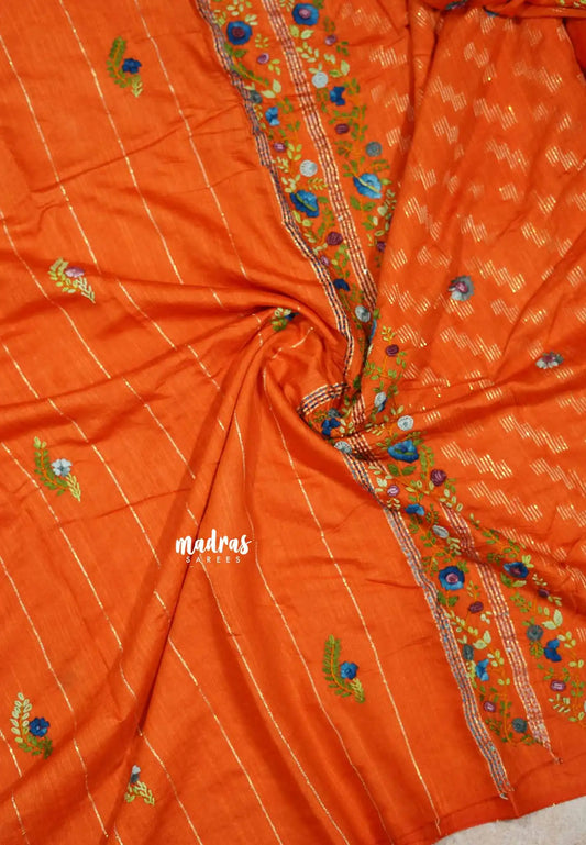 Orange - Khadi silk - Lucknow hand embroidery work
