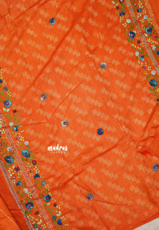 Orange - Khadi silk - Lucknow hand embroidery work