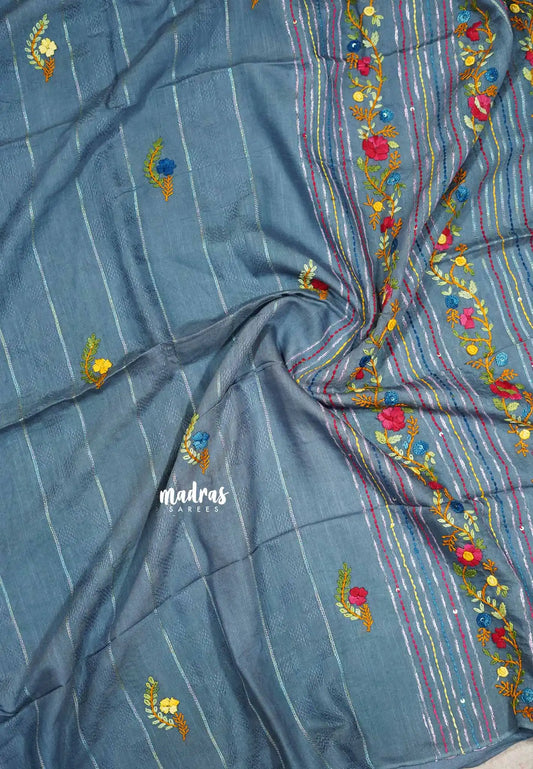 Grey - Khadi silk - Lucknow hand embroidery work