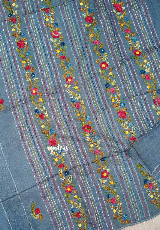 Grey - Khadi silk - Lucknow hand embroidery work