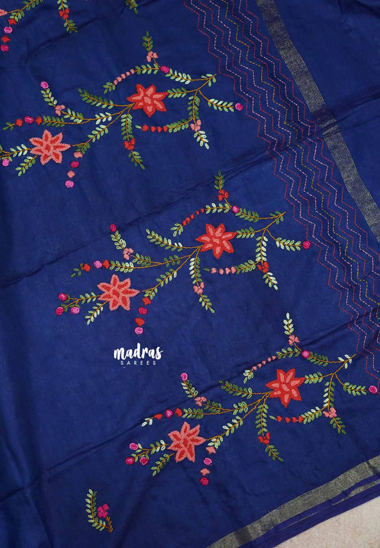Navy Blue - Khadi silk - Lucknow hand embroidery work