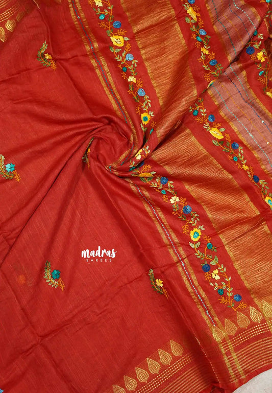 Brick Red - Khadi silk - Lucknow hand embroidery work