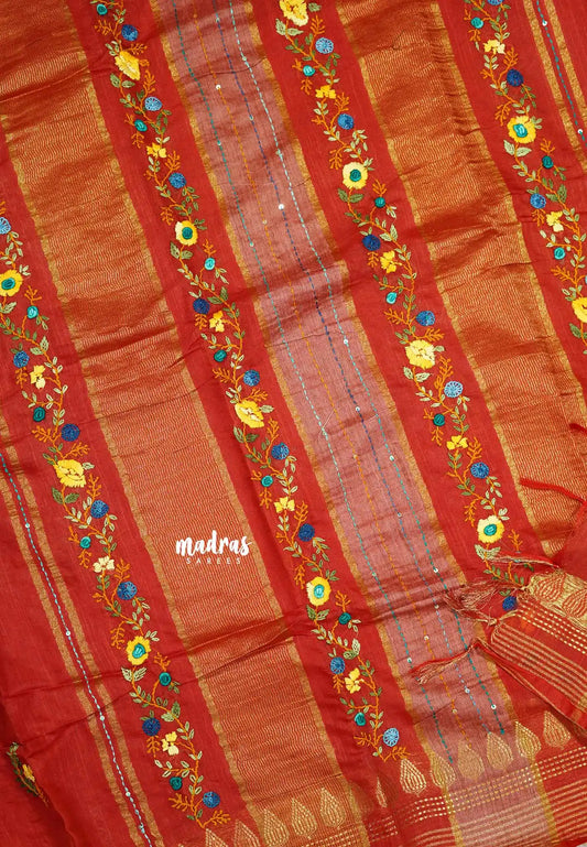 Brick Red - Khadi silk - Lucknow hand embroidery work