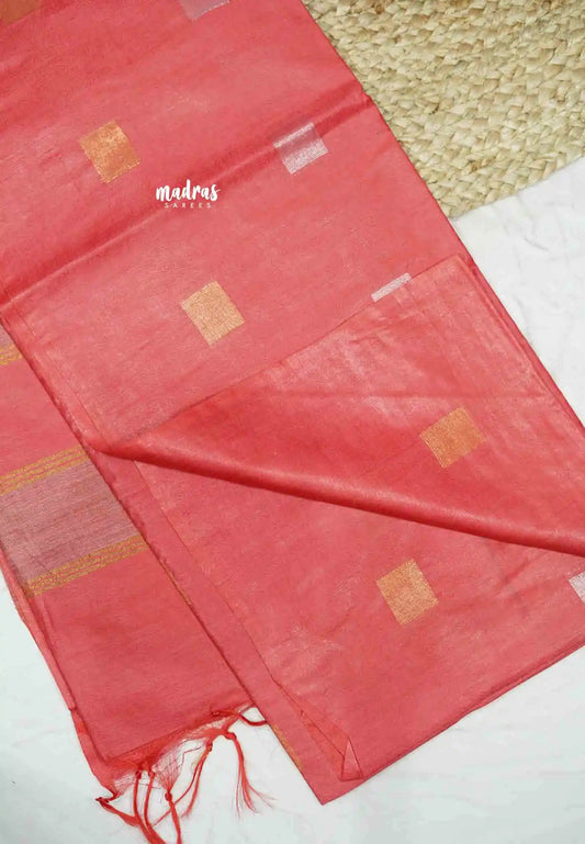 khadi silk with gold silver weaving buttas - Pinkish red