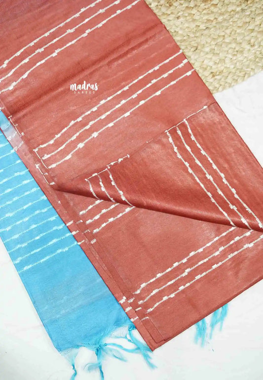 khadi silk contrast pallu with stripe design body - Mud red