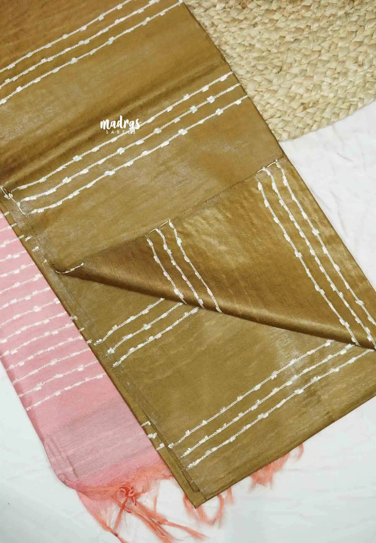 khadi silk contrast pallu with stripe design body - Brownish green