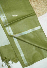 khadi silk small tissue border with tissue pallu - Olive green