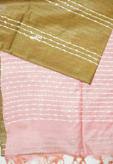 khadi silk contrast pallu with stripe design body - Brownish green