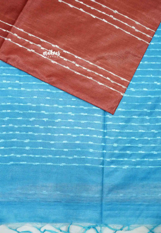 khadi silk contrast pallu with stripe design body - Mud red