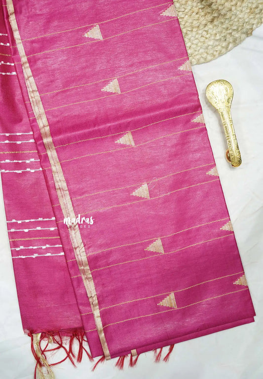 khadi silk with thread buttas and tiny border - Rani pink