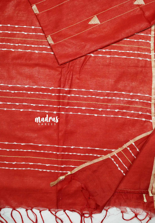 khadi silk with thread buttas and tiny border - Chilli red