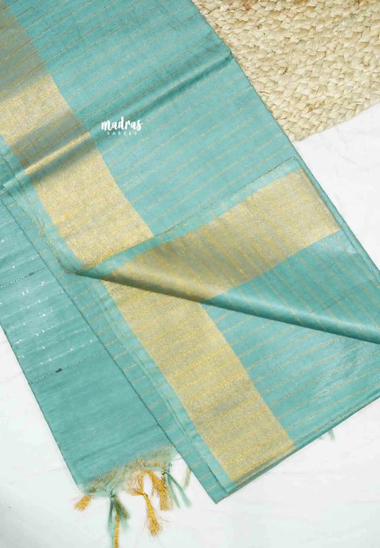 khadi silk stripes body tissue border with sequence pallu - Teal blue