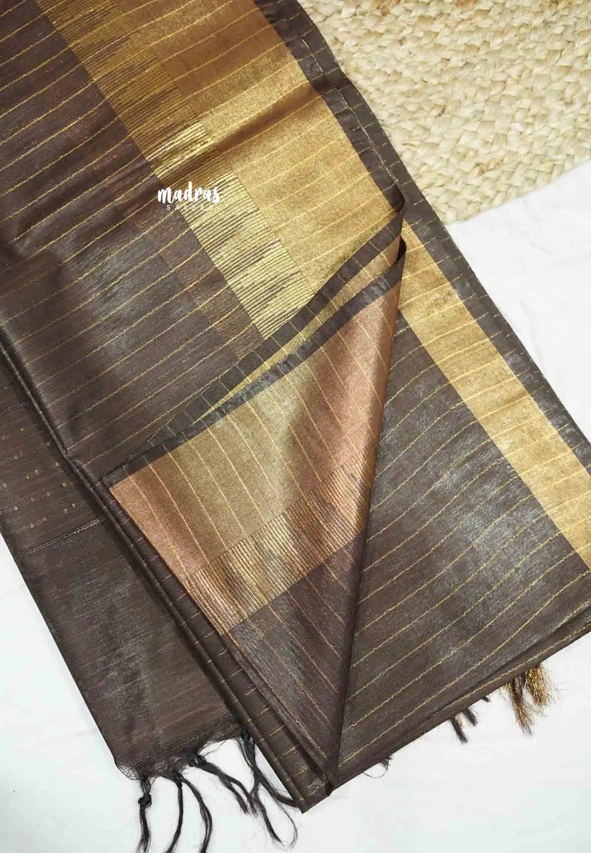 khadi silk stripes body tissue border with sequence pallu - Brown