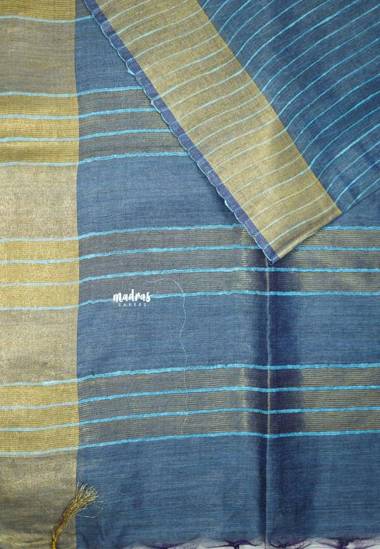 khadi silk stripes body tissue border with giccha pallu - Deep blue