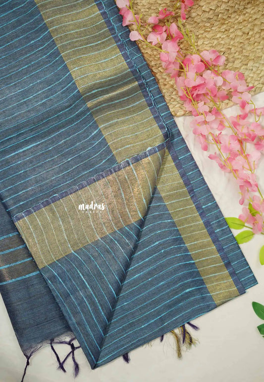 khadi silk stripes body tissue border with giccha pallu - Deep blue