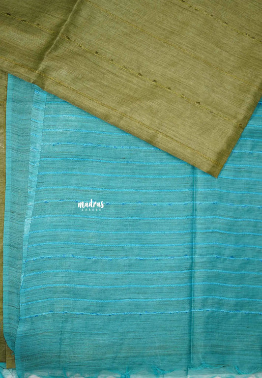 khadi silk giccha body contrast border - Mehendi green