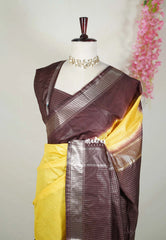 Mango Yellow - Khadi Silk Saree Zari Checks Weaving Body with Contrast Pallu and Blouse - Best for Small Functions | Temple Visit