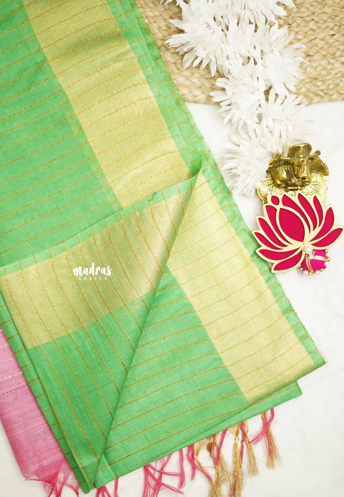 khadi silk stripes body and tissue border with sequence pallu - Pastel green