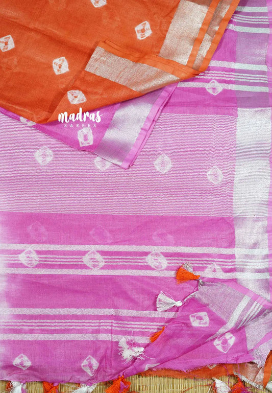Tricolor Orange with pink - khadi silk with shibori prints