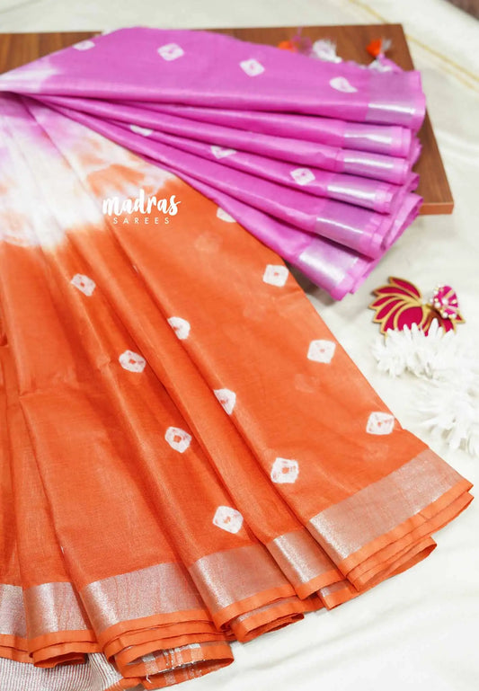 Tricolor Orange with pink - khadi silk with shibori prints