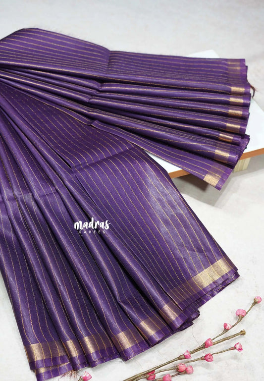 Purple - khadi silk zari stripes weaving with small tissue border