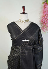 Nightfall Black - Khadi Silk Saree with Zari Checks Weaving Body and Plain Border - Best for Small Functions | Temple Visit
