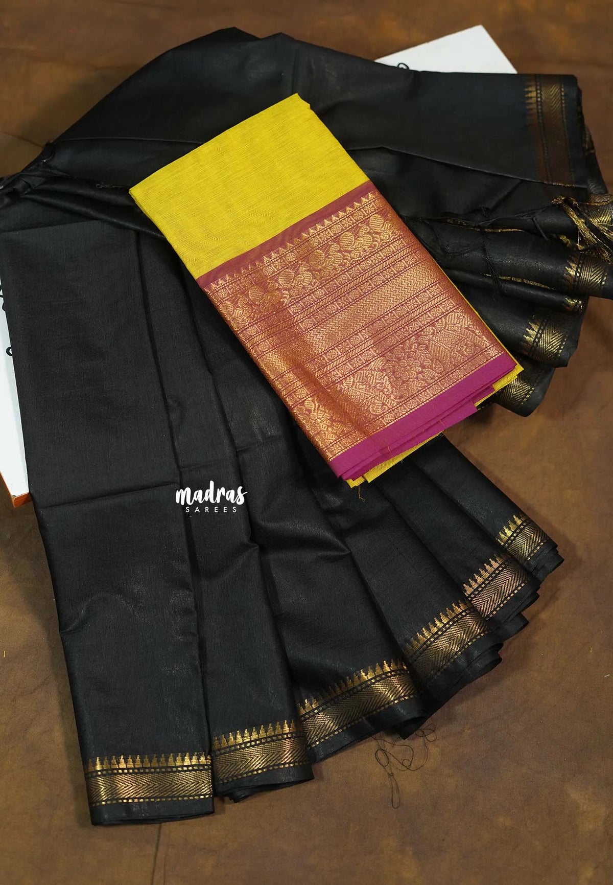 Jet Black - Khadi Silk Plain Saree with Zari Border Double Blouse Combo - Best for Small Functions