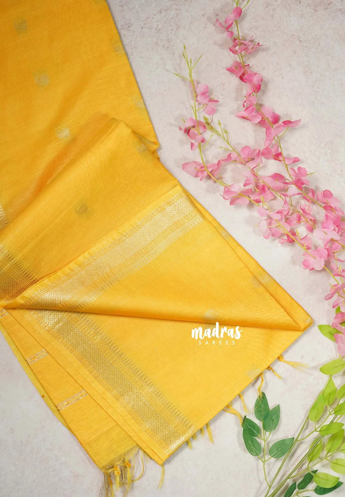 Marigold Yellow - Khadi Silk Saree Mangalgiri Border with Buttas - Best for Simple Funtions