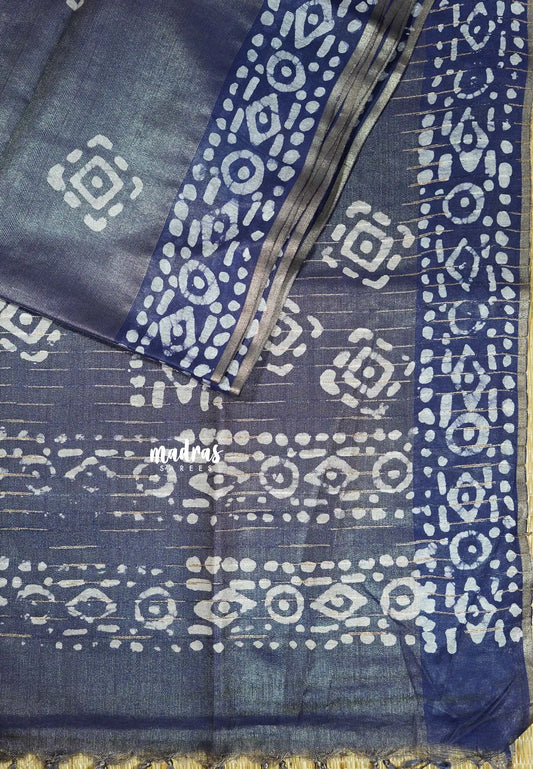 Golden Bluish Grey - Khadi Silk with weaving batik prints