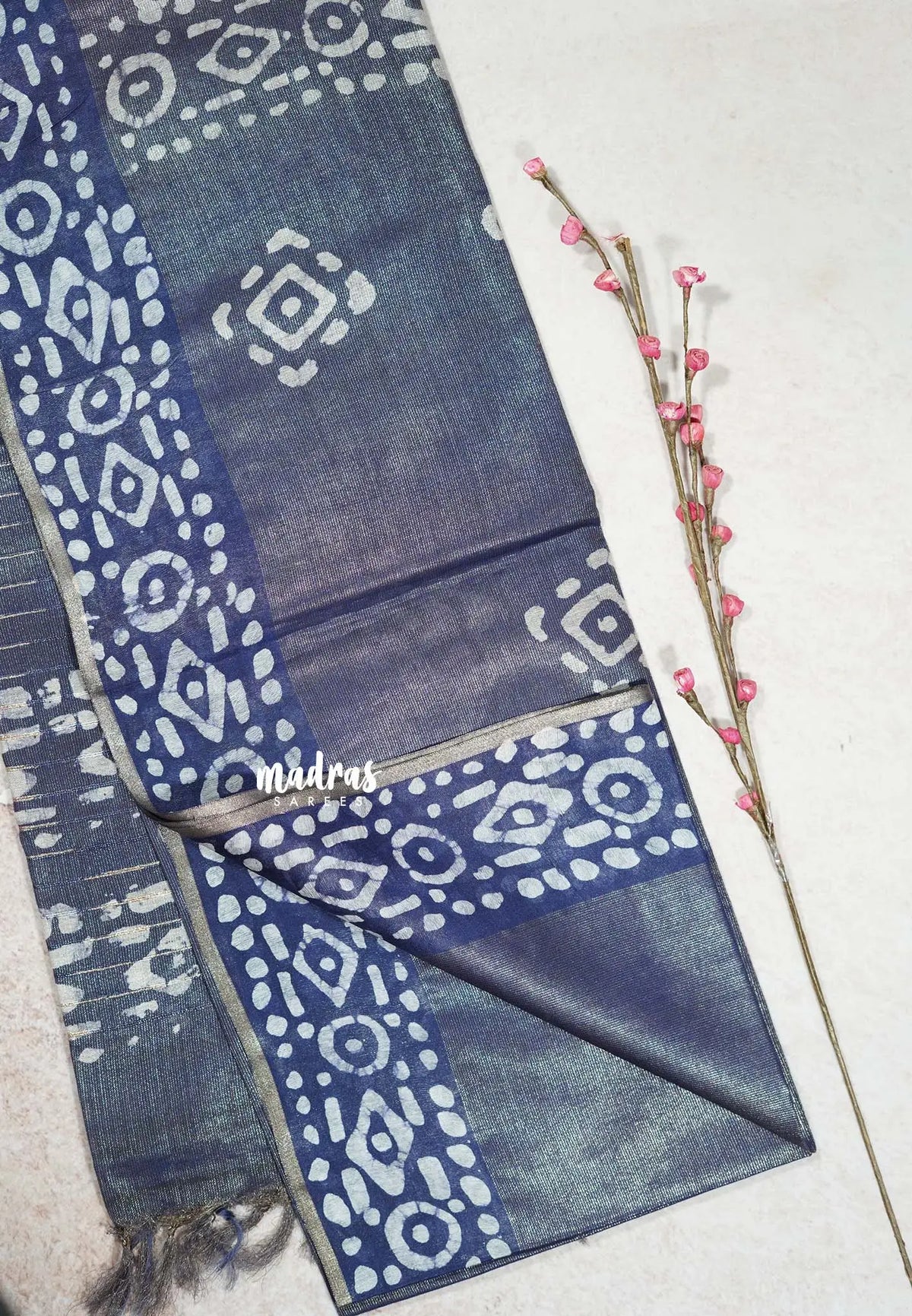 Golden Bluish Grey - Khadi Silk with weaving batik prints