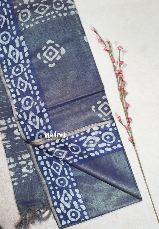 Golden Bluish Grey - Khadi Silk with weaving batik prints