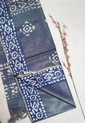 Golden Bluish Grey - Khadi Silk with weaving batik prints
