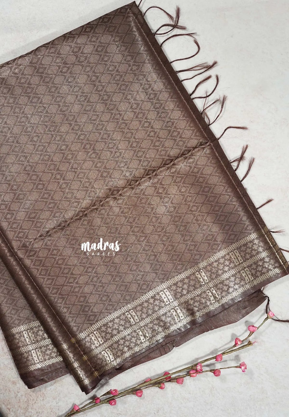 Light Coco Brown- khadi silk silver weaving body with silver zari border