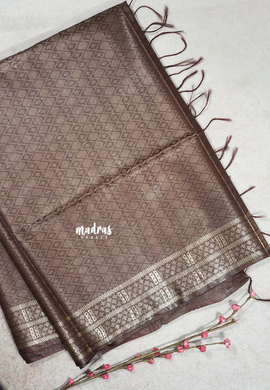 Light Coco Brown- khadi silk silver weaving body with silver zari border
