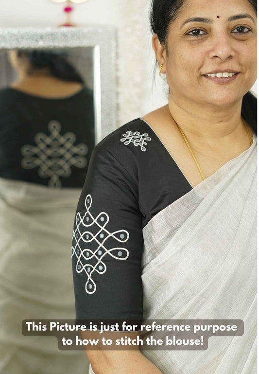 Diwali Special Silkcotton blouse fabric (unstitched) with kolam embroidery - Black