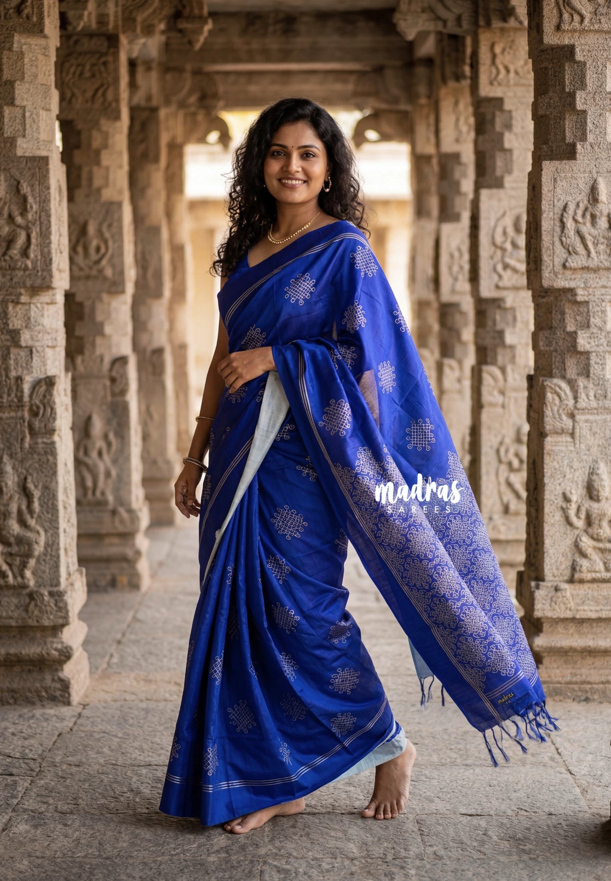 MS Blue - Chithiram - Soft printed Paper Silk Saree with Kolam prints