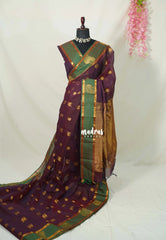 Wine Maroon - Korvai silk cotton saree with Rettapetta Border  - Best for Festive Wear
