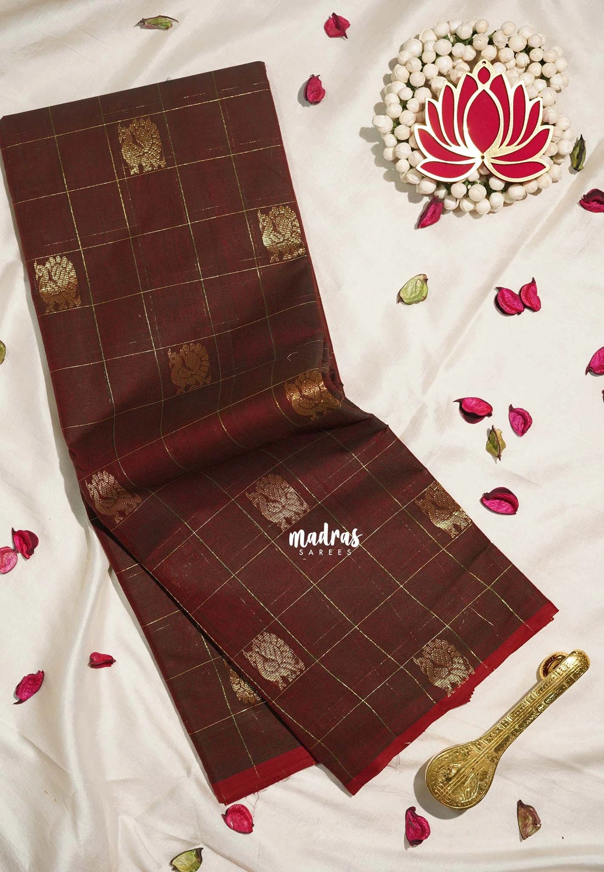 Coffee Brown - Korvai silk cotton Checks With annam Buttas - Best for Wedding Functions