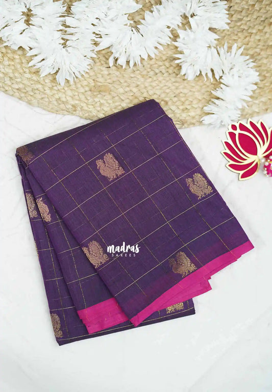 Korvai silk cotton Checks With annam Buttas - Purple