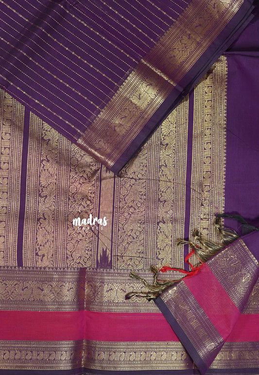 Royal Jamun Purple - Korvai silk cotton rich pallu With vaira oosi body and rettapet border