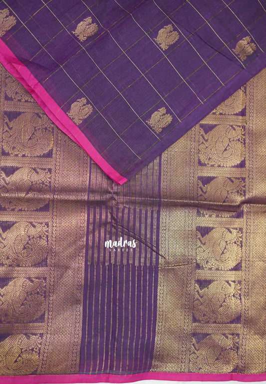 Korvai silk cotton Checks With annam Buttas - Purple