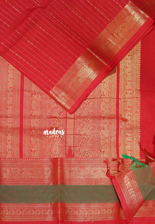 Classic Bright Red - Korvai silk cotton rich pallu With vaira oosi body and rettapet border