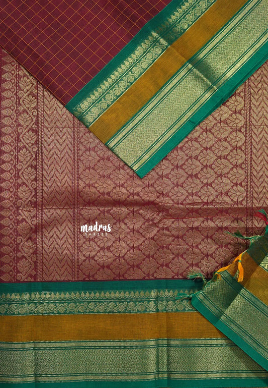 Maroon Korvai silk cotton muthukattam rich pallu with skirt border
