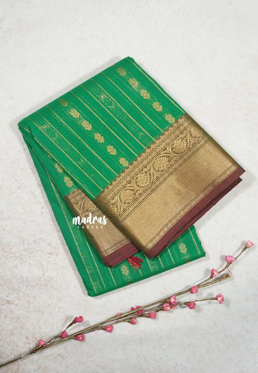 Dark Pretty Parrot Green - Korvai silk cotton rich pallu With vaira oosi body
