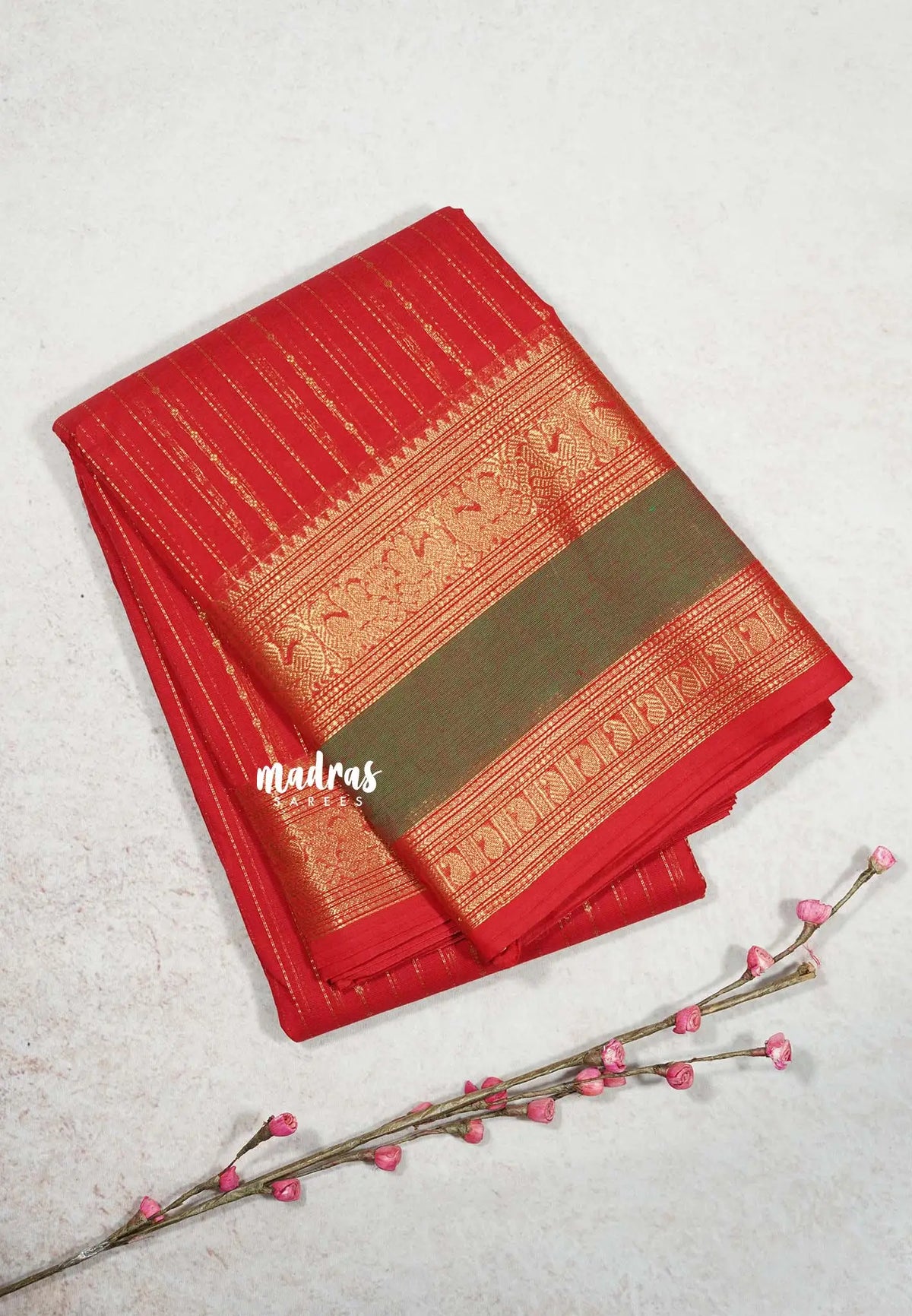Classic Bright Red - Korvai silk cotton rich pallu With vaira oosi body and rettapet border