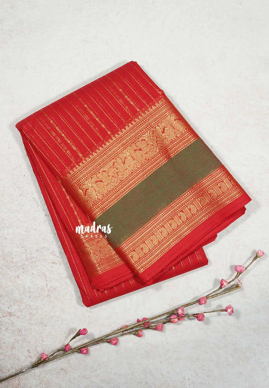 Classic Bright Red - Korvai silk cotton rich pallu With vaira oosi body and rettapet border